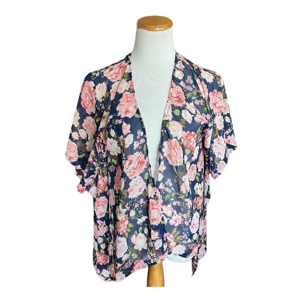 Womens Two Hearts Floral Boho Poncho Kimono - Sz S